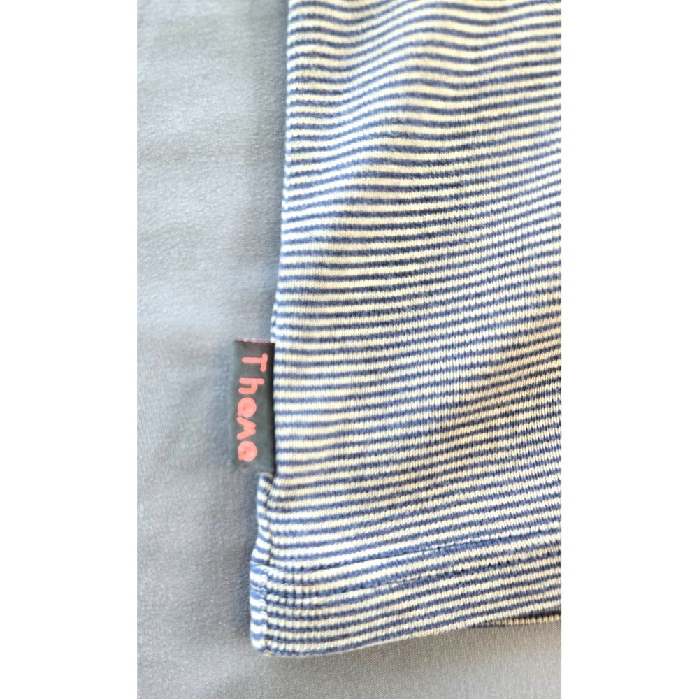 Vtg Theme Striped Top V neck Short Sleeves Minimalist Quiet Luxury Blue Nautical - Picture 8 of 15